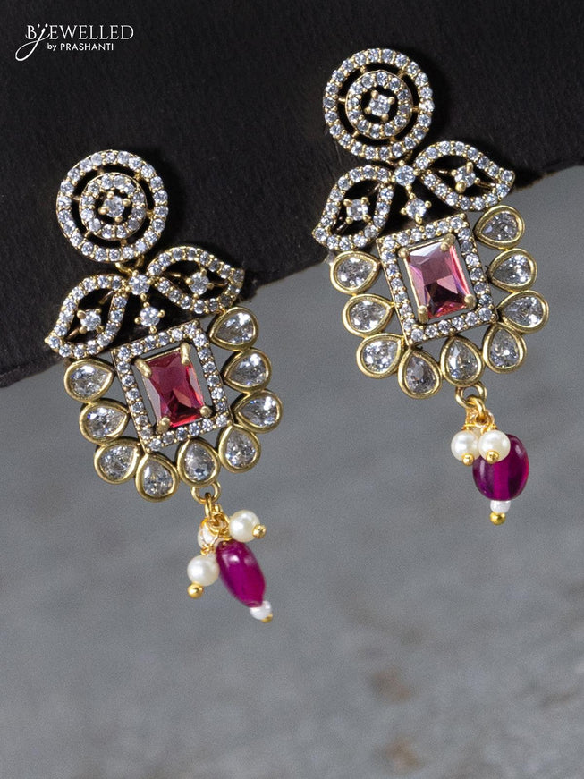 Necklace ruby and cz stones with beads hangings in victorian finish - {{ collection.title }} by Prashanti Sarees