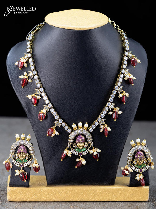 Necklace tirupati balaji design kemp and cz stones with maroon beads hangings in victorian finish - {{ collection.title }} by Prashanti Sarees