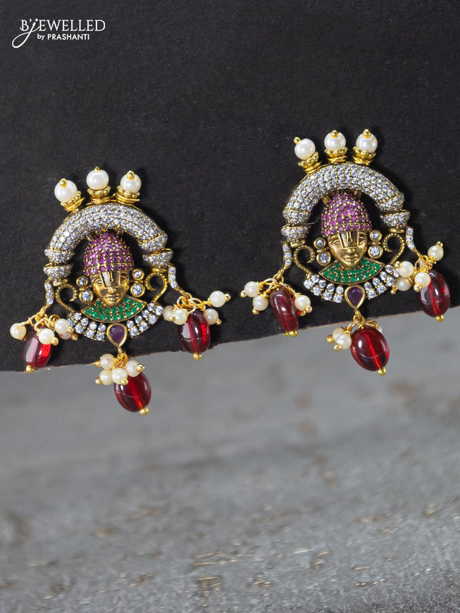 Necklace tirupati balaji design kemp and cz stones with maroon beads hangings in victorian finish - {{ collection.title }} by Prashanti Sarees
