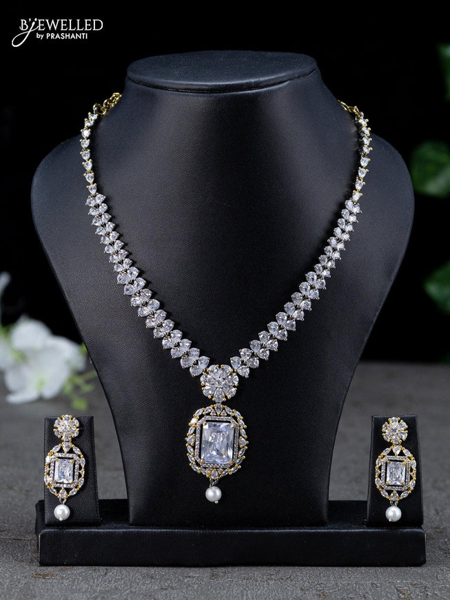 Necklace with cz stones and pearl hangingsin victorian finish - {{ collection.title }} by Prashanti Sarees