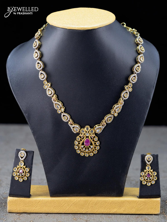 Necklace with pink kemp and cz stones in victorian finish - {{ collection.title }} by Prashanti Sarees