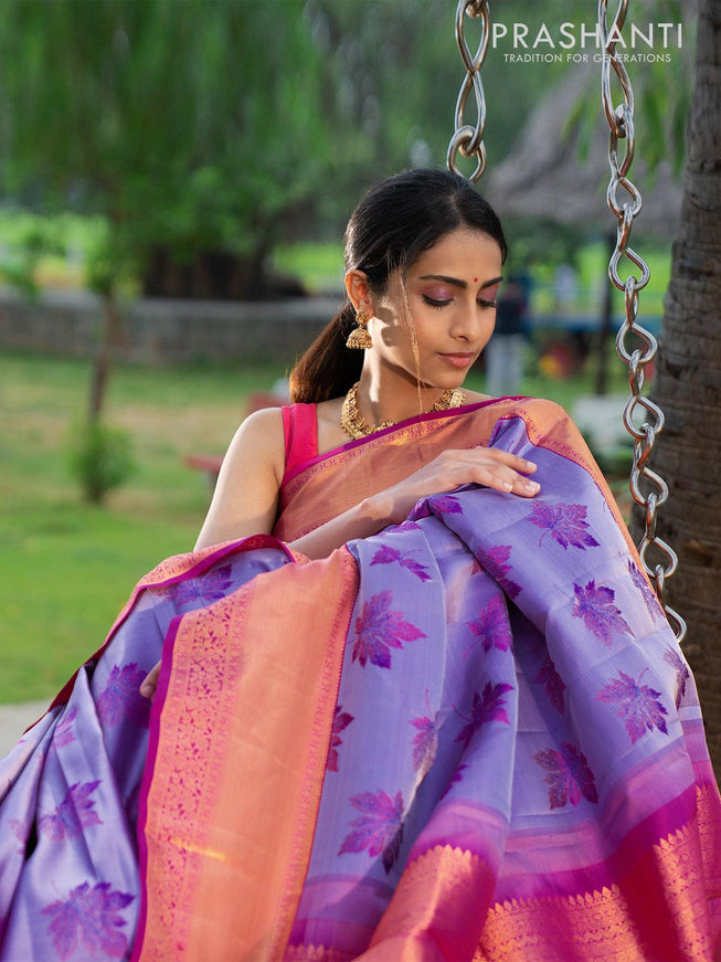Ni - Pure kanjivaram silk saree violet and pink with Chinar leaf design weaves and rich zari woven korvai border - {{ collection.title }} by Prashanti Sarees