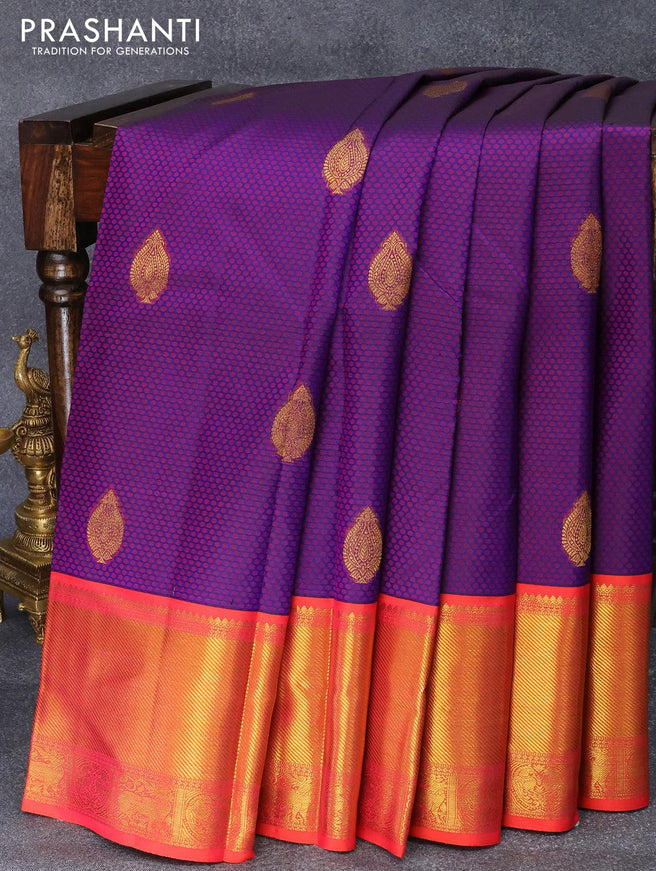 Niraa-1 Pure kanjivaram silk saree dual shade of purple and peach pink with allover self emboss & zari buttas and rich zari woven border - {{ collection.title }} by Prashanti Sarees