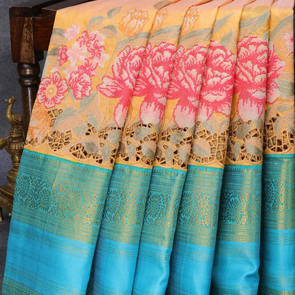 Niraa-10 Pure kanjivaram silk saree dual shade of yellow and green with silver & gold annam zari woven buttas and floral design cut work & long zari woven border-PBR2645-3 - {{ collection.title }} by Prashanti Sarees