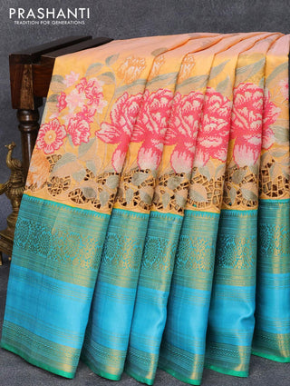 Niraa-10 Pure kanjivaram silk saree dual shade of yellow and green with silver & gold annam zari woven buttas and floral design cut work & long zari woven border-PBR2645-3