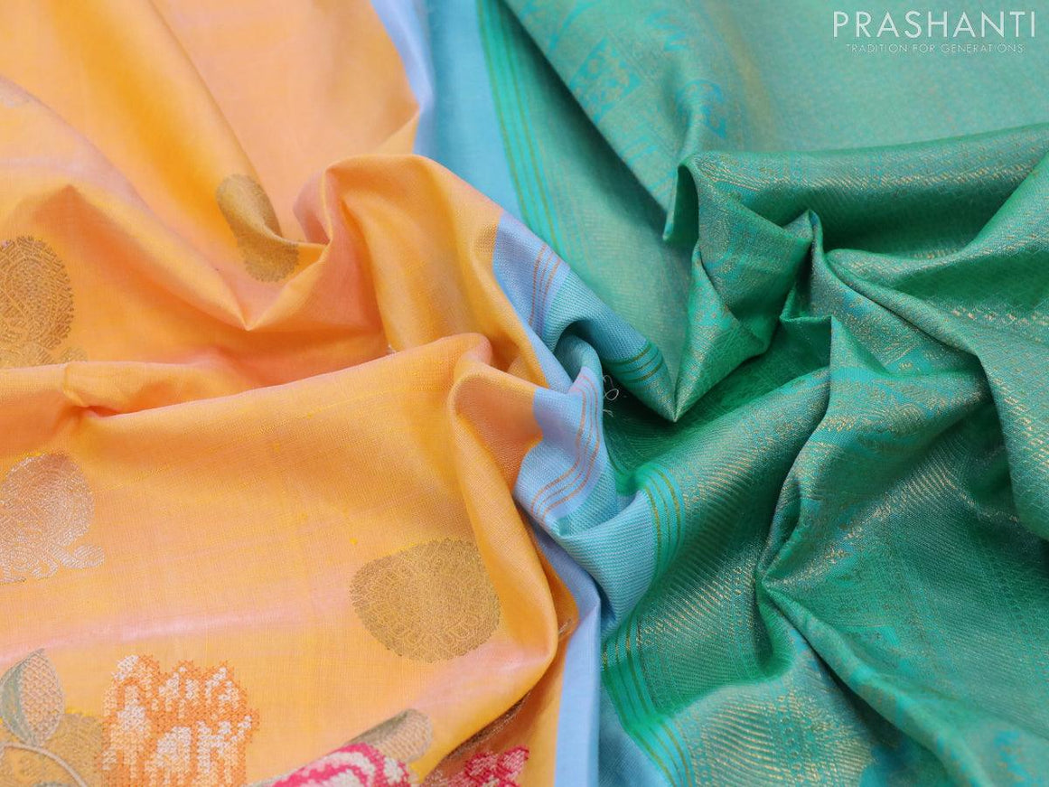 Niraa-10 Pure kanjivaram silk saree dual shade of yellow and green with silver & gold annam zari woven buttas and floral design cut work & long zari woven border-PBR2645-3 - {{ collection.title }} by Prashanti Sarees