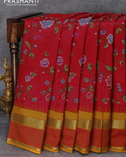 Niraa-10 Pure kanjivaram silk saree red and yellow with allover floral design embroidery work and temple design zari woven simple border - {{ collection.title }} by Prashanti Sarees