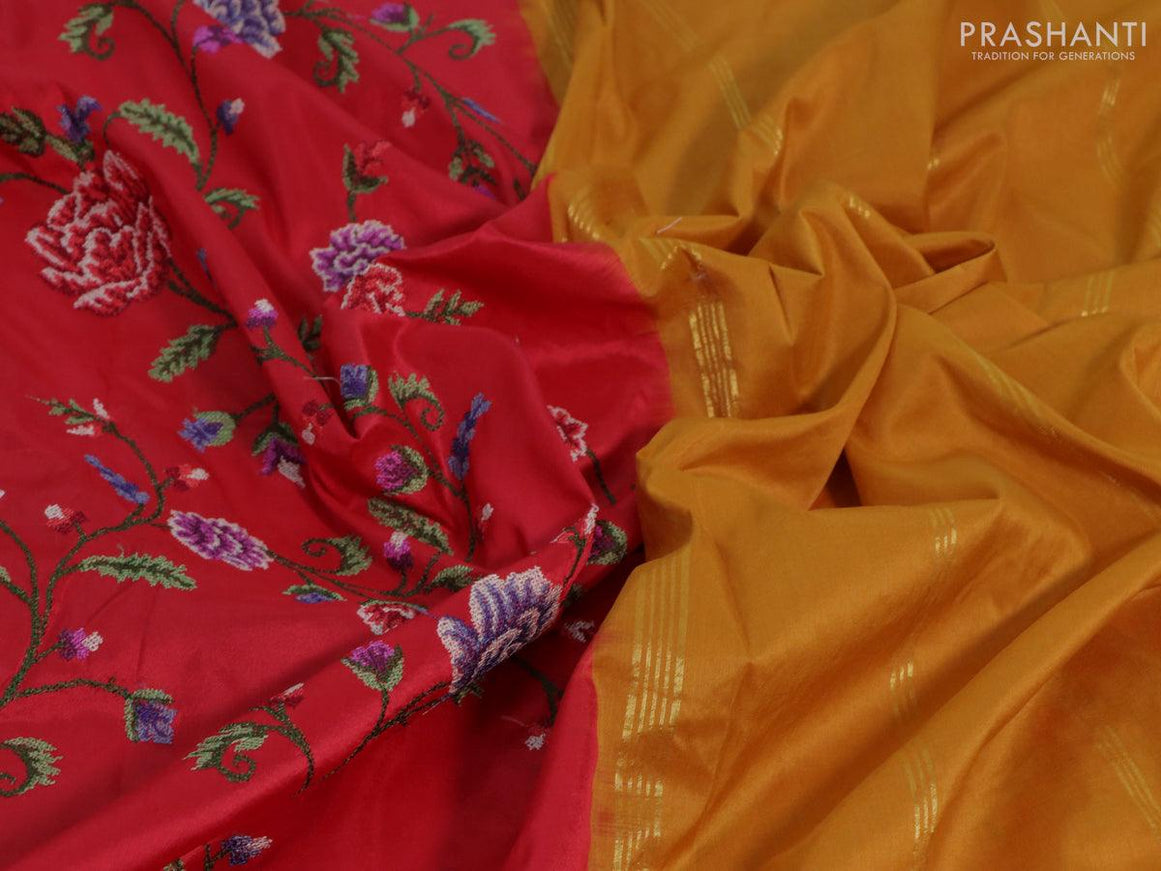 Niraa-10 Pure kanjivaram silk saree red and yellow with allover floral design embroidery work and temple design zari woven simple border - {{ collection.title }} by Prashanti Sarees