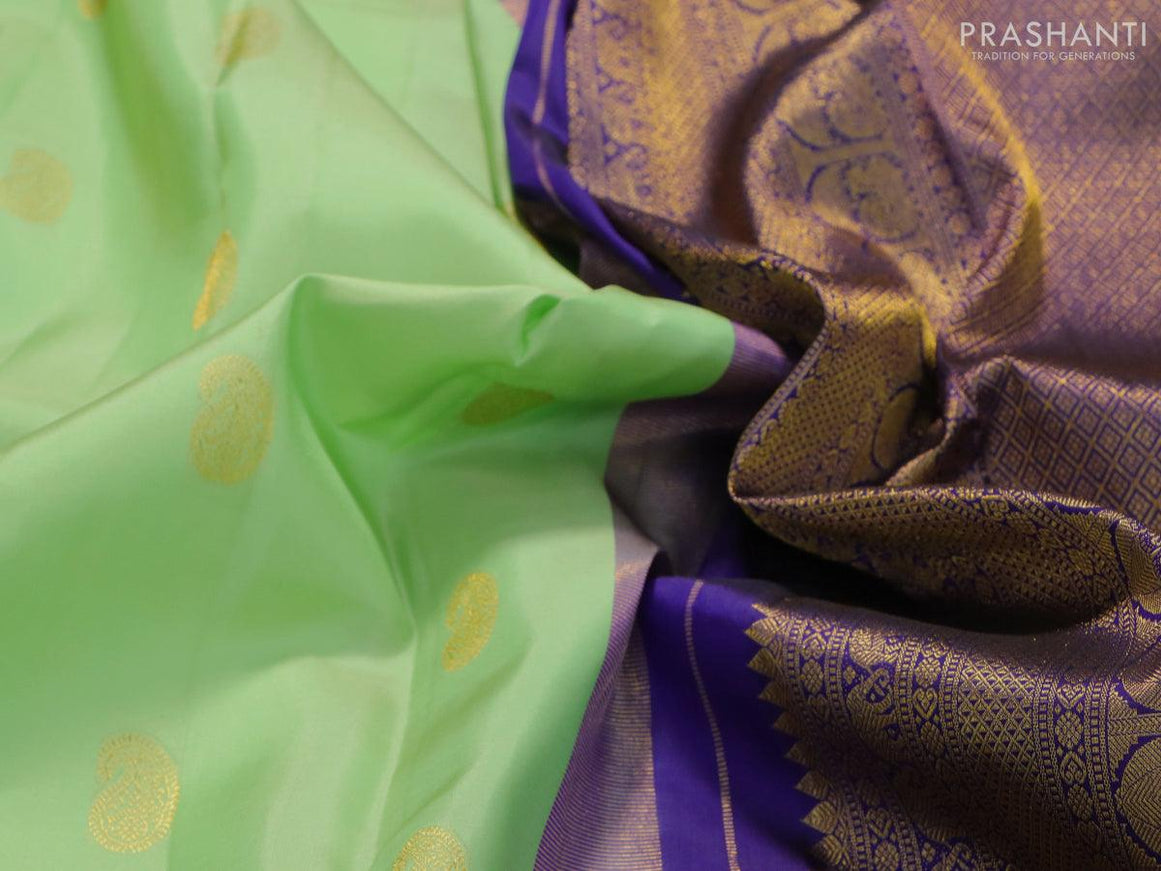 Niraa-2 Pure kanjivaram silk saree pista green and navy blue with allover zari woven paisley buttas and rich annam zari woven korvai border - {{ collection.title }} by Prashanti Sarees