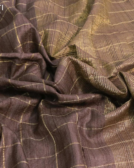 Niraa-28 Pure tussar silk saree coffee brown with allover zari checked pattern and zari woven border - pen kalamkari embroidery readymade blouse - {{ collection.title }} by Prashanti Sarees