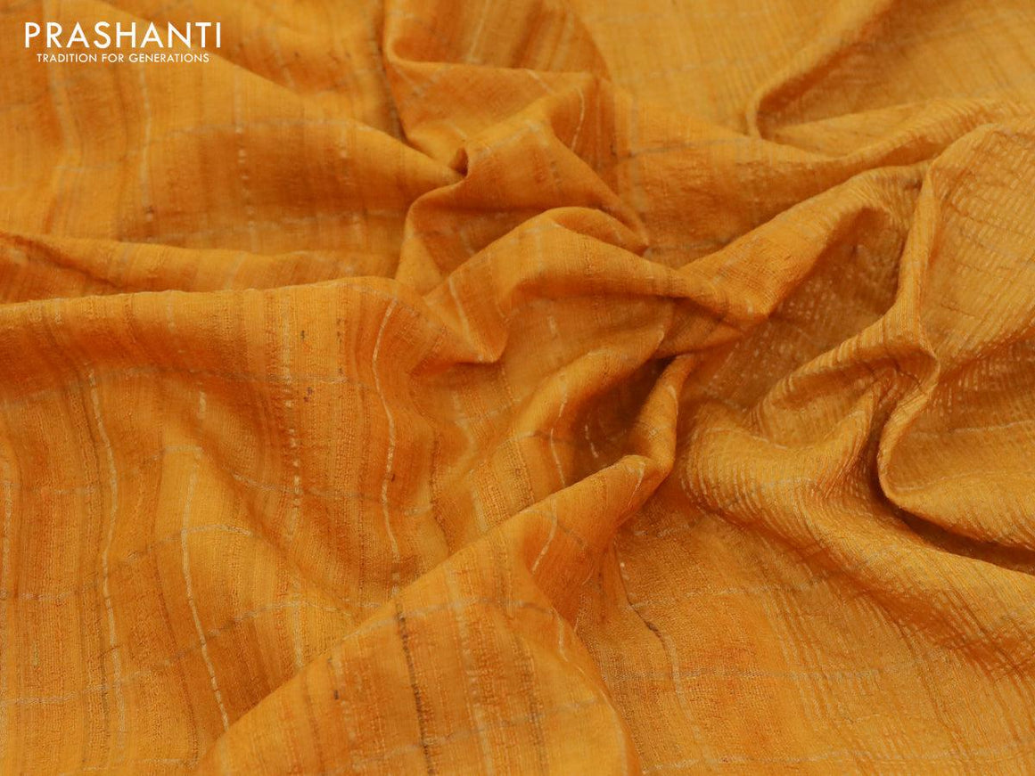 Niraa-28 Pure tussar silk saree mustard yellow with allover zari checked pattern and zari woven border - pen kalamkari embroidery readymade blouse - {{ collection.title }} by Prashanti Sarees