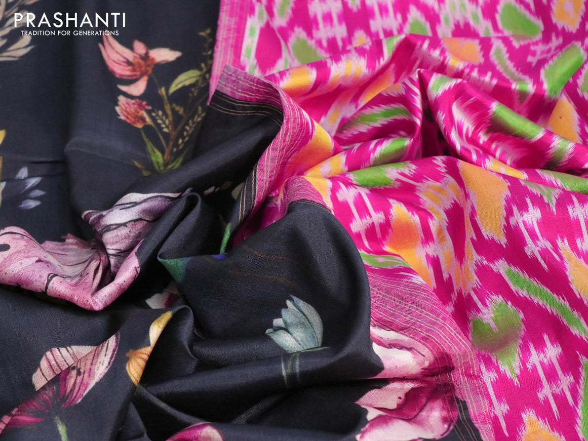 Niraa-37 Pochampally silk saree black and magenta pink with allover floral digital prints and annam design zari woven kanjivaram style border - {{ collection.title }} by Prashanti Sarees
