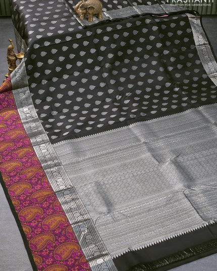Niraa-6 Pure kanjivaram silk saree black with allover silver zari woven buttas and long silver zari woven paisley thread weave border - {{ collection.title }} by Prashanti Sarees