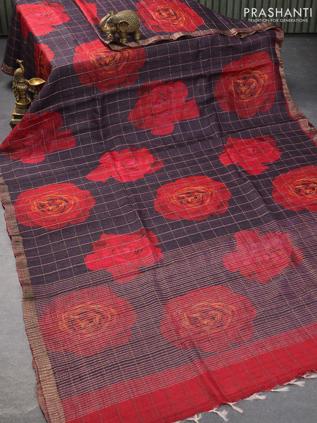 Niraa-7 Pure tussar silk saree brown shade with allover zari checked & floral digital prints and zari woven border-PBR2642 - {{ collection.title }} by Prashanti Sarees