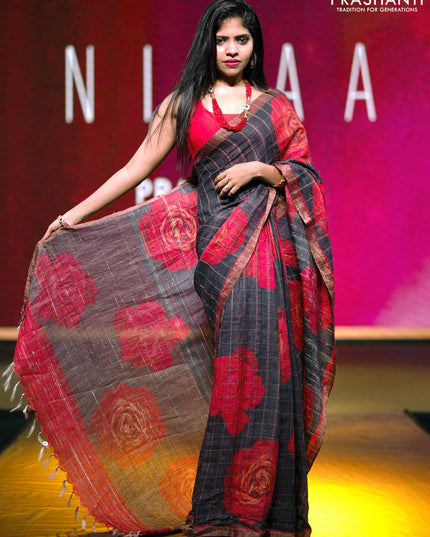 Niraa-7 Pure tussar silk saree brown shade with allover zari checked & floral digital prints and zari woven border-PBR2642 - {{ collection.title }} by Prashanti Sarees