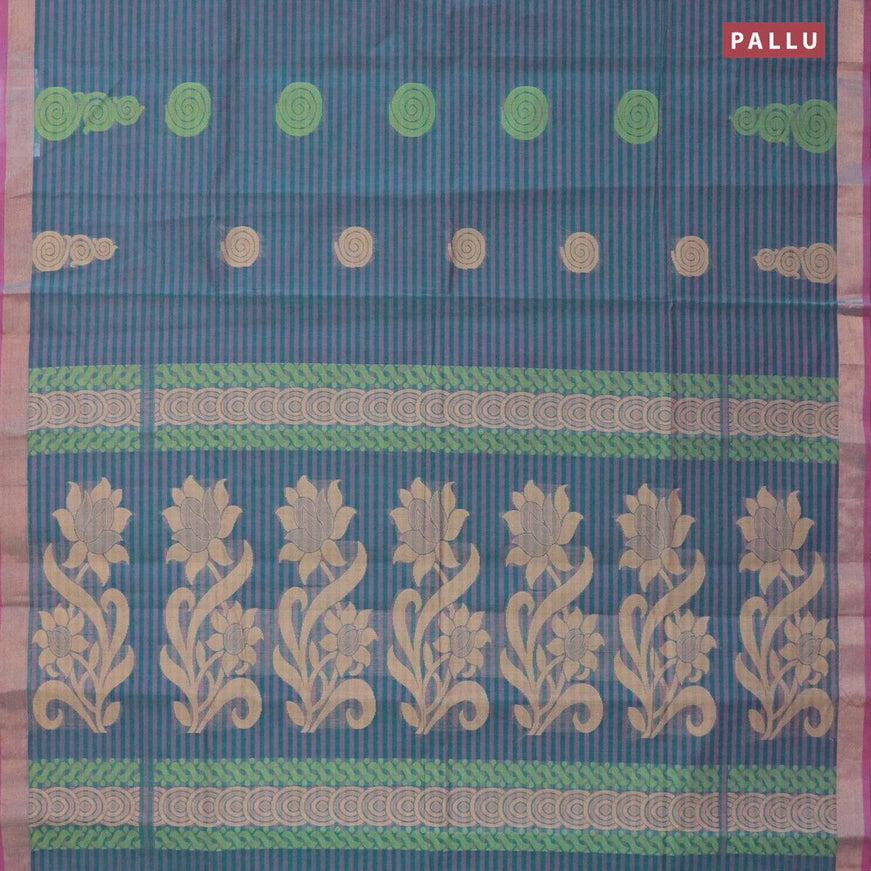 Nithyam cotton saree blue and dual shade of pink with allover stripe & thread buttas and zari woven border - {{ collection.title }} by Prashanti Sarees
