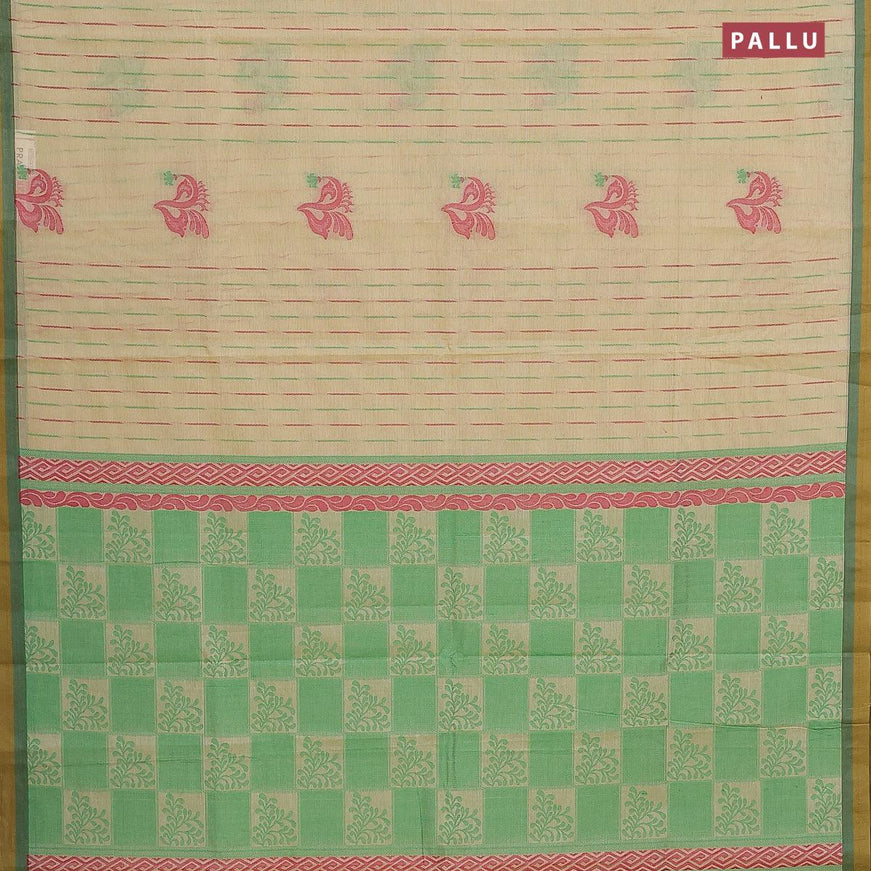 Nithyam cotton saree cream and elaichi green with allover thread woven buttas and thread woven simple border - {{ collection.title }} by Prashanti Sarees