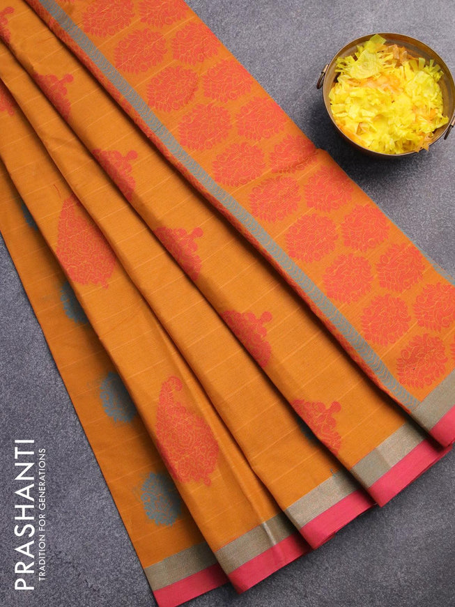 Nithyam cotton saree dark mustard and pink with allover thread woven buttas and zari woven simple border - {{ collection.title }} by Prashanti Sarees