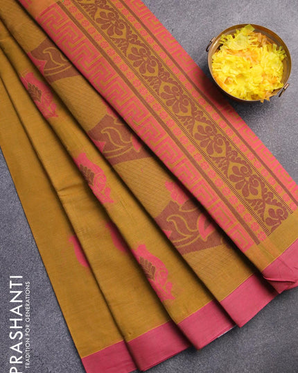 Nithyam cotton saree dark mustard and pink with thread woven bttas and simple border - {{ collection.title }} by Prashanti Sarees
