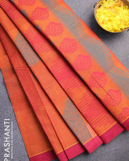 Nithyam cotton saree dark mustard yellow and maroon with allover thread stripes & buttas and simple border - {{ collection.title }} by Prashanti Sarees