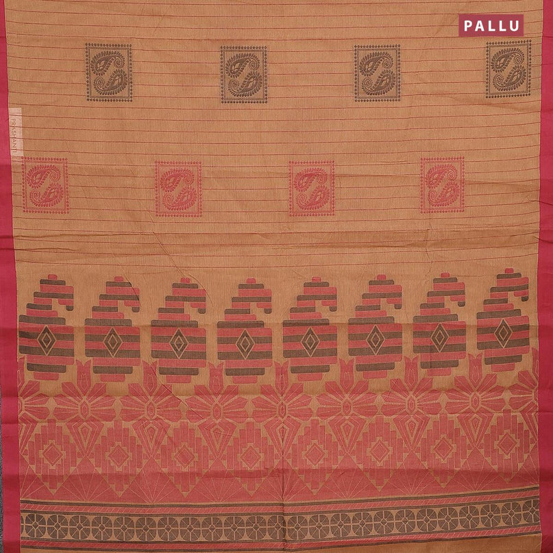 Nithyam cotton saree dark sandal and maroon with allover thread stripe & box type buttas and simple border - {{ collection.title }} by Prashanti Sarees