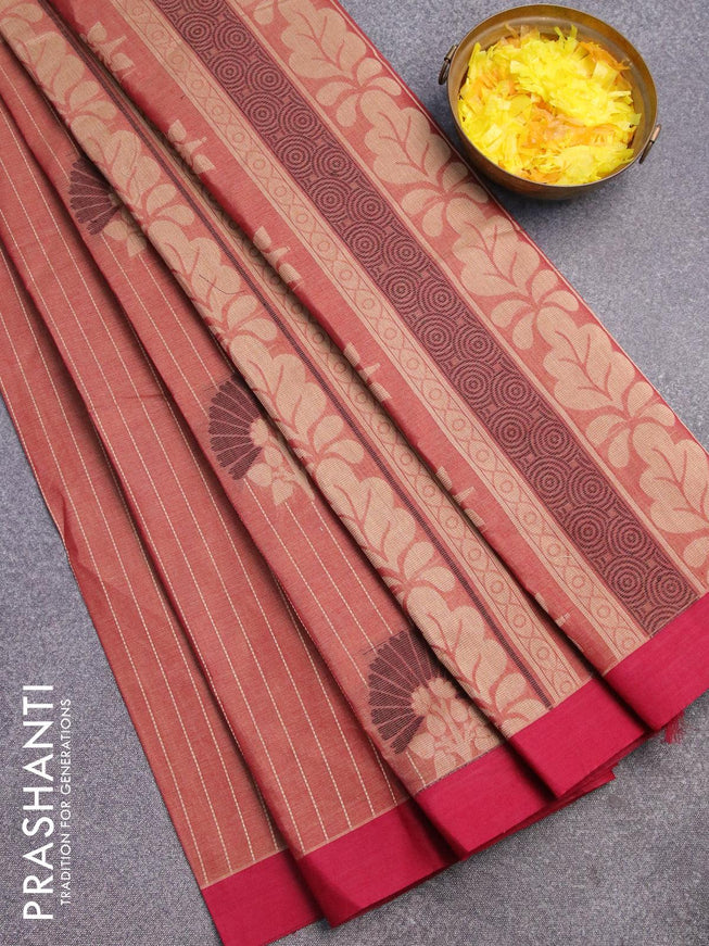 Nithyam cotton saree dual shade maroonish beige and maroon with allover thread stripes & buttas and simple border - {{ collection.title }} by Prashanti Sarees