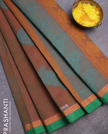 Nithyam cotton saree dual shade of manthulir green and green with thread woven buttas and zari woven simple border - {{ collection.title }} by Prashanti Sarees