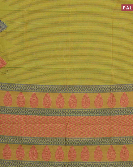 Nithyam cotton saree dual shade of mustard green with allover thread stripe and zari woven border - {{ collection.title }} by Prashanti Sarees