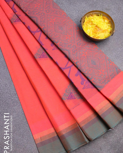 Nithyam cotton saree dual shade of orange and dual shade of blue with thread woven buttas and zari woven simple border - {{ collection.title }} by Prashanti Sarees