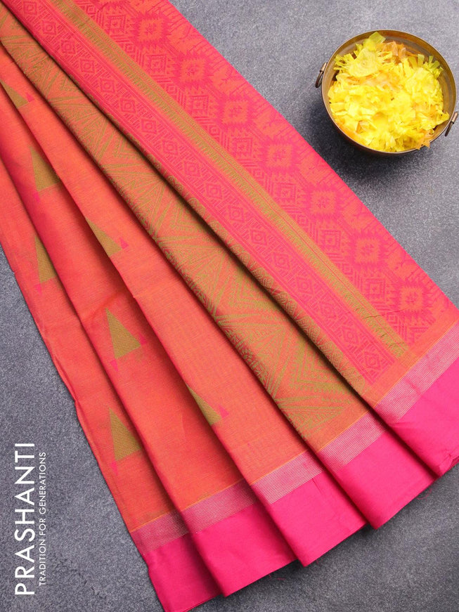 Nithyam cotton saree dual shade of pinkish orange and pink with thread woven geometric buttas and zari woven simple border - {{ collection.title }} by Prashanti Sarees