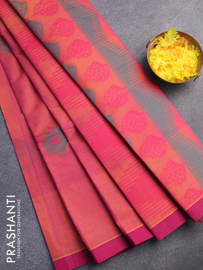 Nithyam cotton saree dual shade of rust and dark magenta pink with allover thread stripes & buttas and simple border - {{ collection.title }} by Prashanti Sarees