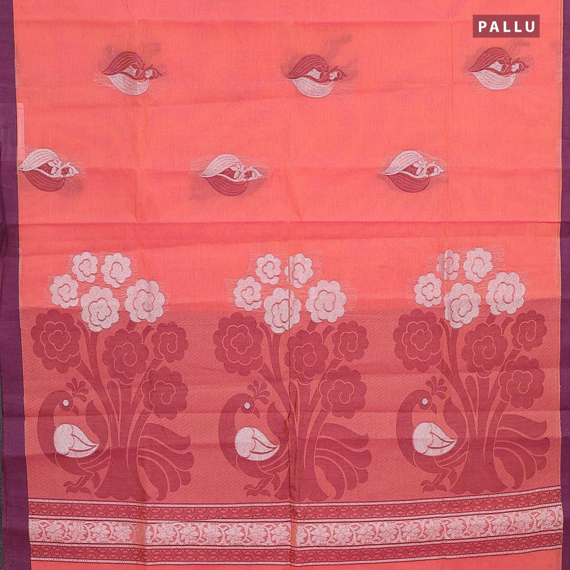 Nithyam cotton saree dual shade of yellowish ipink and wine shade with thread & zari woven buttas and simple border - {{ collection.title }} by Prashanti Sarees