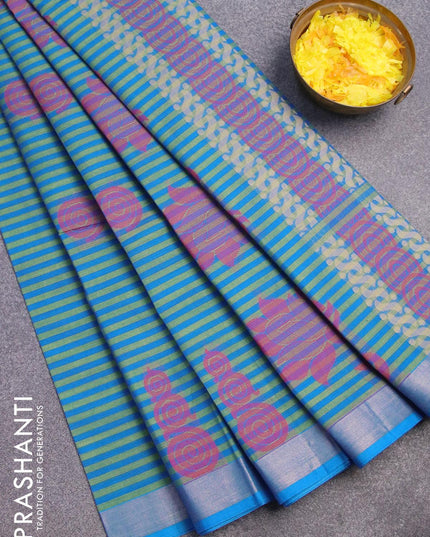 Nithyam cotton saree green and blue with allover stripe & thread buttas and zari woven border - {{ collection.title }} by Prashanti Sarees