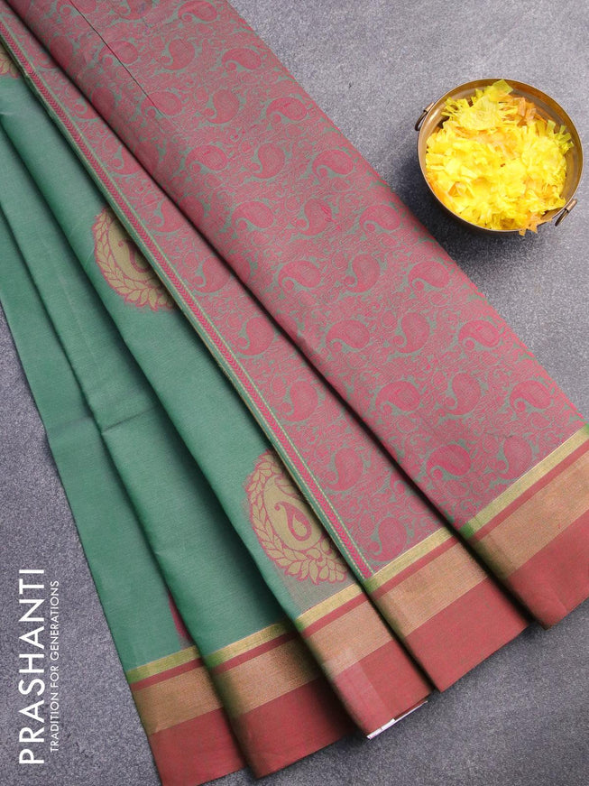 Nithyam cotton saree green and maroon with paisley thread woven buttas and zari woven simple border - {{ collection.title }} by Prashanti Sarees