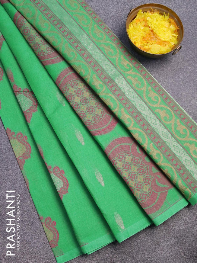 Nithyam cotton saree green with thread & zari woven buttas and piping border - {{ collection.title }} by Prashanti Sarees
