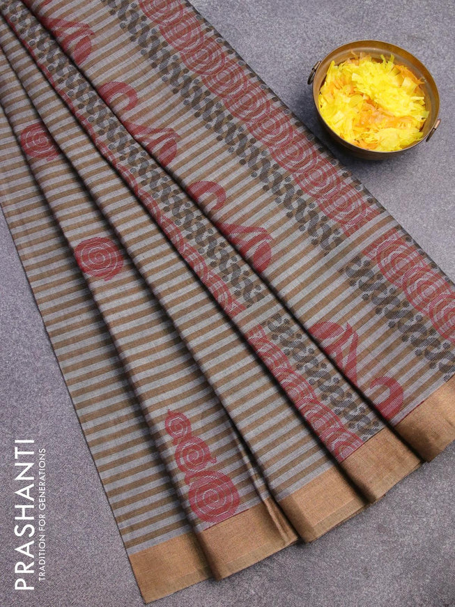 Nithyam cotton saree grey and chikku shade with allover stripe & thread buttas and zari woven border - {{ collection.title }} by Prashanti Sarees