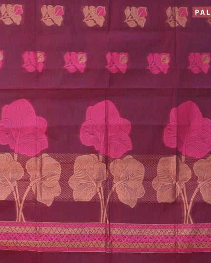 Nithyam cotton saree maroon and pink with thread & zari woven buttas and simple border - {{ collection.title }} by Prashanti Sarees