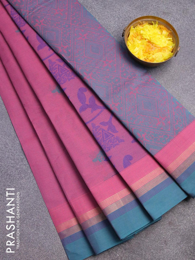 Nithyam cotton saree mauve pink and teal blue shade with thread woven buttas and zari woven simple border - {{ collection.title }} by Prashanti Sarees