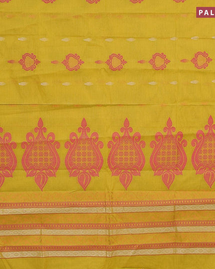 Nithyam cotton saree musatrd green shade with thread & zari woven buttas in borderless style - {{ collection.title }} by Prashanti Sarees