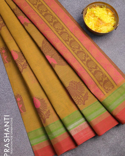 Nithyam cotton saree mustard green and maroon with allover thread weaves and thread woven simple border - {{ collection.title }} by Prashanti Sarees