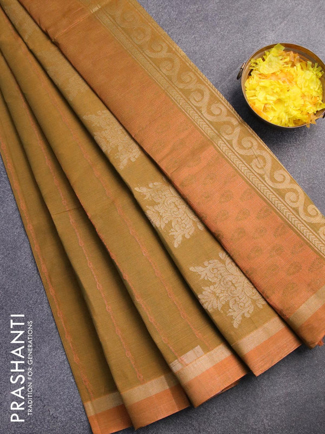 Nithyam cotton saree mustard green with allover zari weaves and zari woven border - {{ collection.title }} by Prashanti Sarees