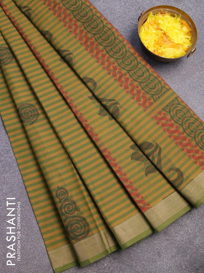 Nithyam cotton saree mustard yellow and green shade with allover stripe & thread buttas and zari woven border - {{ collection.title }} by Prashanti Sarees