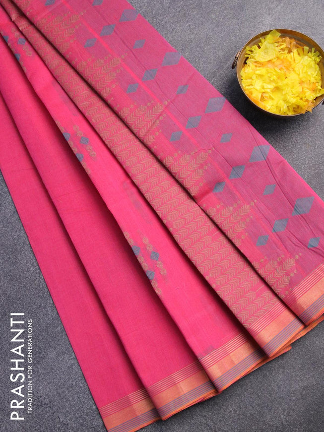 Nithyam cotton saree pink and mustard yellow with allover thread woven geometric buttas and zari woven border - {{ collection.title }} by Prashanti Sarees