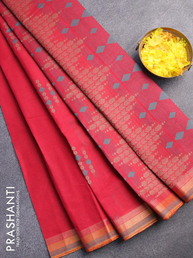 Nithyam cotton saree red and mustard shade with allover thread woven geometric buttas and zari woven border - {{ collection.title }} by Prashanti Sarees