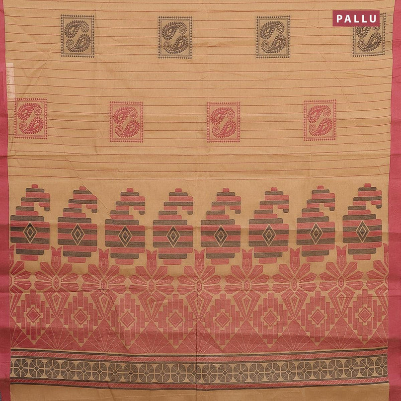 Nithyam cotton saree sandal and maroon with allover thread stripe & box type buttas and simple border - {{ collection.title }} by Prashanti Sarees