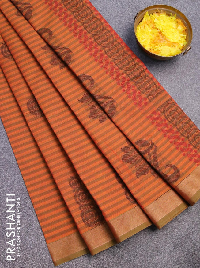 Nithyam cotton saree sunset orange and green shade with allover stripe & thread buttas and zari woven border - {{ collection.title }} by Prashanti Sarees
