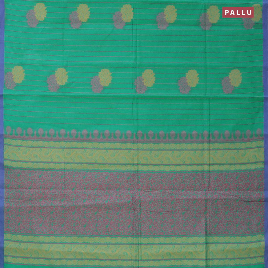 Nithyam cotton saree teal green shade and blue with allover thread stripes & buttas and simple border - {{ collection.title }} by Prashanti Sarees