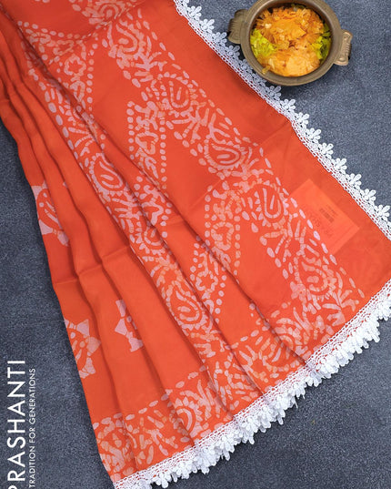 Organza saree orange with allover batik prints and crocia lace work border - {{ collection.title }} by Prashanti Sarees