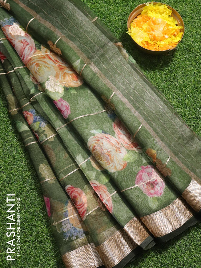 Organza silk saree green shade with allover zari weaves & floral digital prints and zari woven border - {{ collection.title }} by Prashanti Sarees
