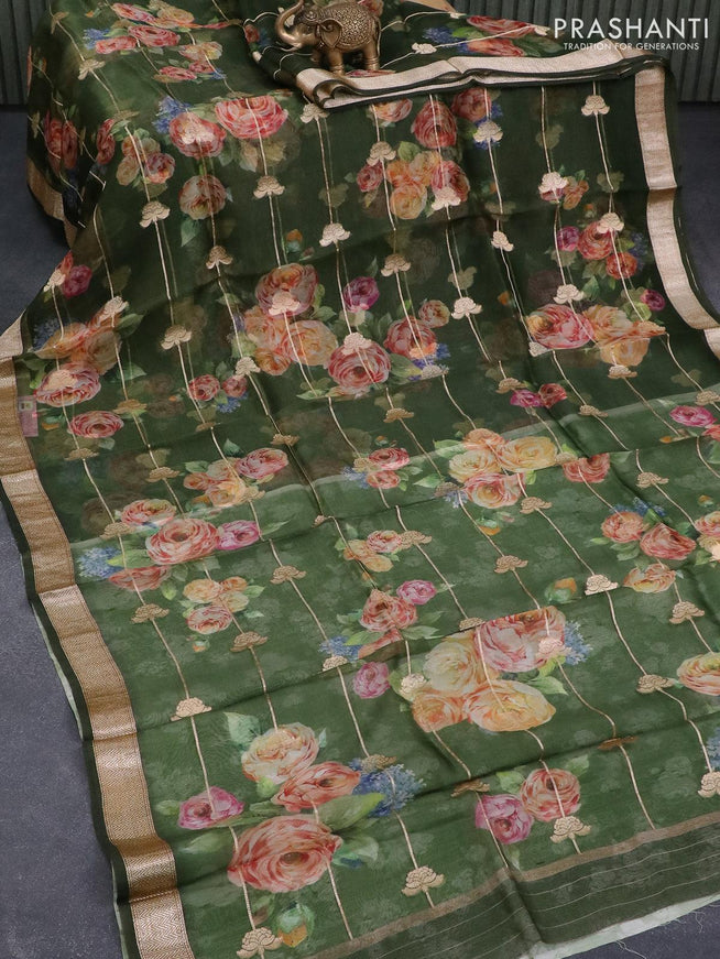Organza silk saree green shade with allover zari weaves & floral digital prints and zari woven border - {{ collection.title }} by Prashanti Sarees